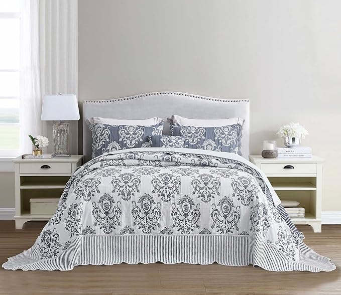 HZ & HY Oversized King Bedspread, Jacquard Matelasse Damask Pattern Design, Lightweight, Reversible, 5 Piece, 100% Microfiber, Dark Blue