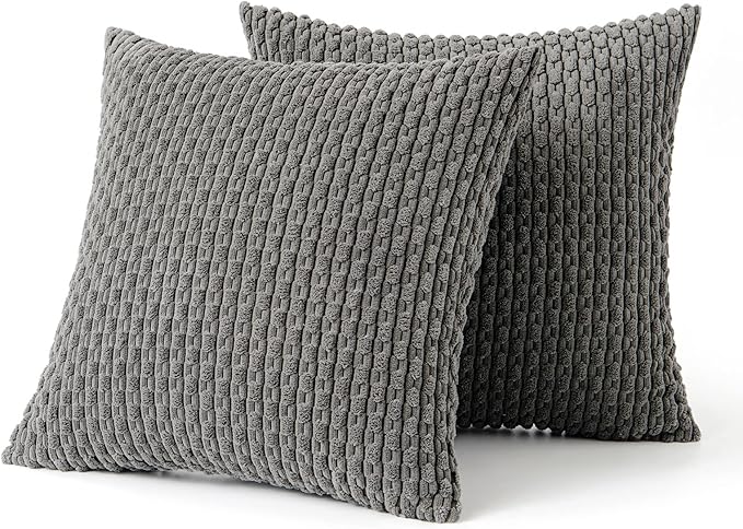 MIULEE Pack of 2 Decorative Throw Pillow Covers 18x18 Inch Soft Boho Striped Textured Corduroy Pillow Covers Modern Farmhouse Home Decor for Couch Bed Sofa Living Room Dark Grey