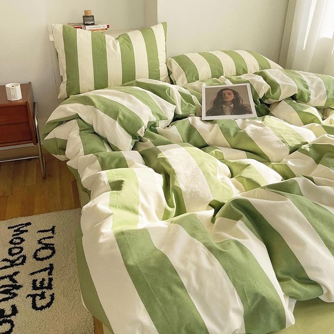 Full Comforter Set 3 Pieces Striped Comforter Set Green White Stripes Pattern Comforter with 2 Pillowcases Modern Style Fluffy Soft Lightweight Bedding Set Comfy Retro Striped Comforter Full Size