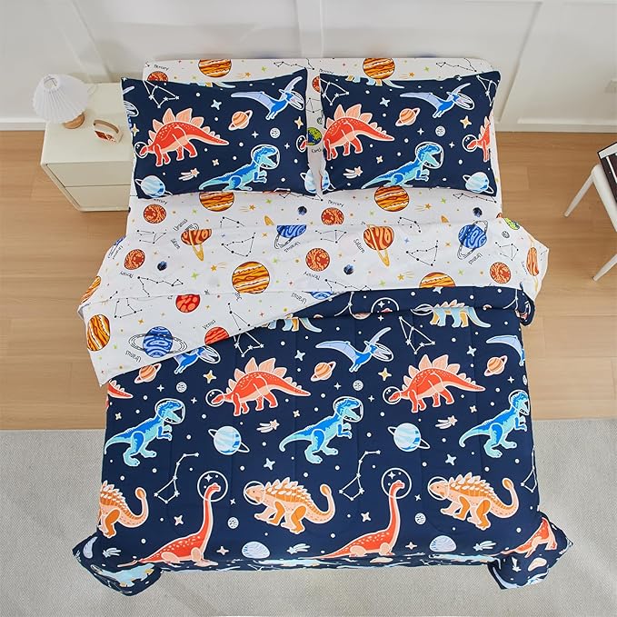 NTBED Dinosaur Kids Comforter Set Full Size 5 Pieces Bed in A Bag for Boys Girls,Glow in The Dark Space Planet Bedding Set with Sheet