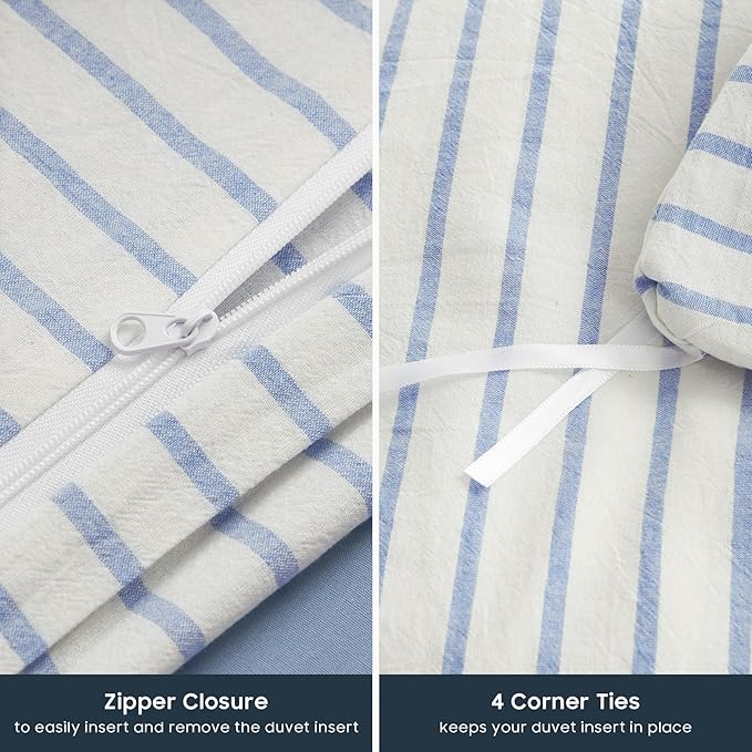 Wake In Cloud - Striped Cotton Duvet Cover Set, Ticking Stripe Vertical Pinstripe Farmhouse, 100% Washed Cotton Textured Percale Bedding Set, 3 Pieces, Blue White, Full Size