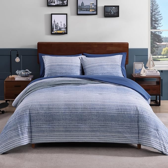 Twin XL Comforter Set Striped, Ocean Blue Coastal Bedding Set 5 Pieces for Boys Girls Teen, All Season Bed in a Bag for Dorm with Sheets, Pillowcase & Sham