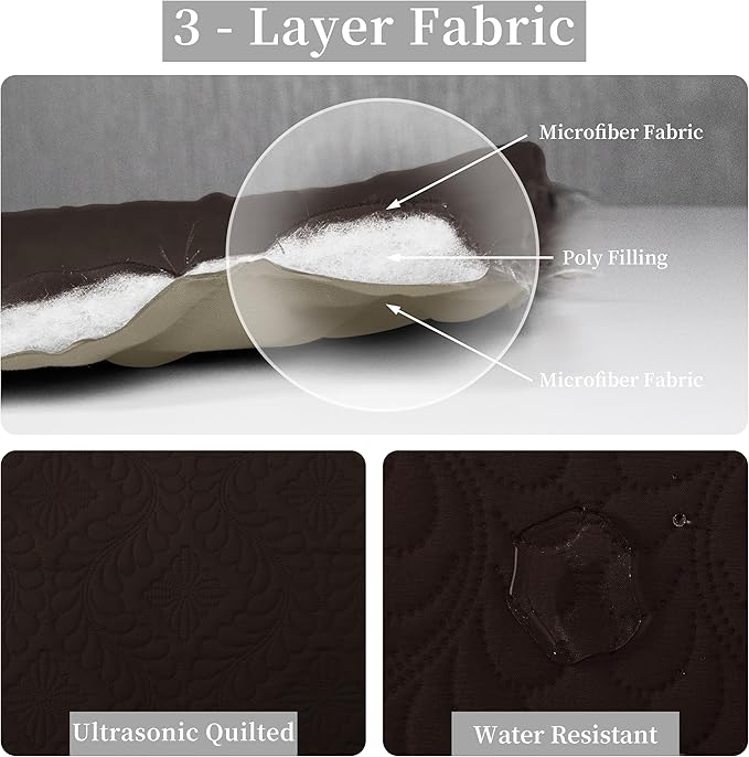 Easy-Going King Size Reversible Quilt Set with 1 Quilt and 2 Pillow Shams, Soft Bed Quilt Cover, Water Resistant Lightweight Microfiber Bedspread, Stain Resistant, Olive Leaf-Chocolate/Beige