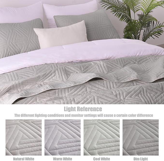 Whale Flotilla Soft California King Size Quilt Set for All Seasons, 3-Piece Ultrasonic Bedding Set, Lightweight Reversible Bedspread, Coverlet, Bed Cover with 2 Pillow Shams, Lightgrey