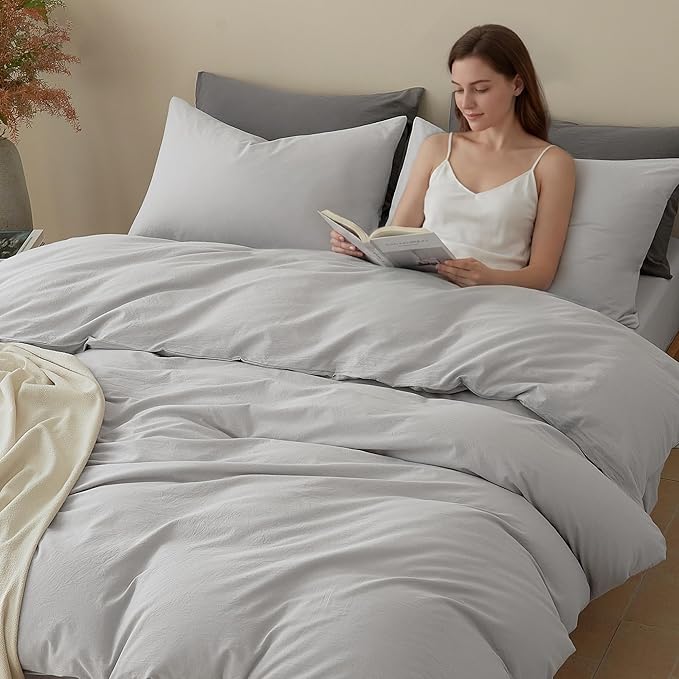 JELLYMONI Duvet Cover Twin Size - Washed Cotton Comforter Cover with Linen-Like Texture,Breathable & Soft Bedding for Modern Home,Guest Room and Everyday Use,Pale Grey 1 Duvet Cover & 1 Pillowcase