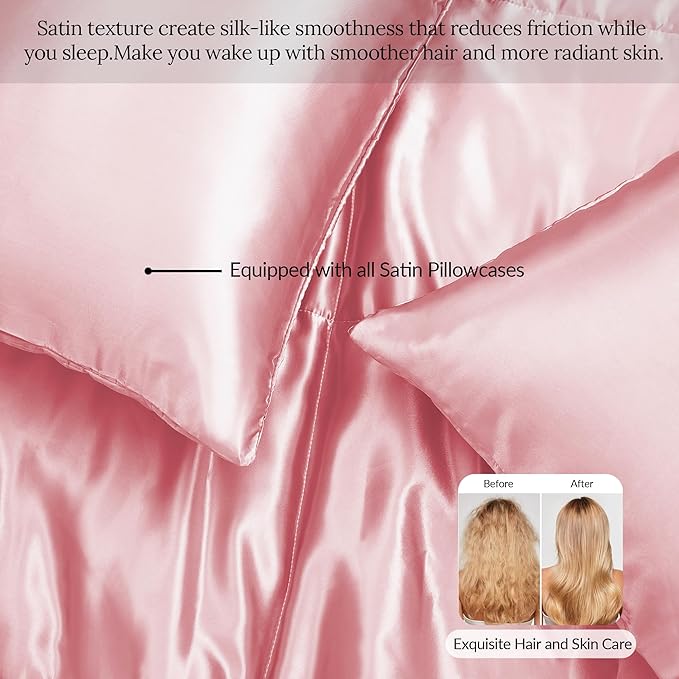 Whale Flotilla 2-Piece Reversible Silky Soft Twin Size Comforter Bedding Set, Luxurious Satin Comforters with Satin Pillowcase, Lightweight Duvet for All Seasons, Pink