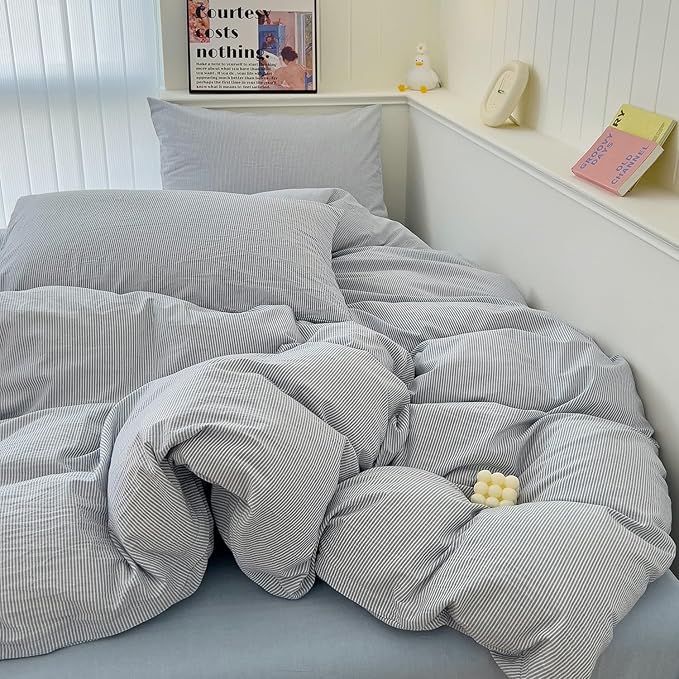 mixinni Striped Duvet Cover Set- 100% Washed Cotton Blue Comforter Cover with White Pinstripe Stripes Pattern Printed Bedding Set with Zipper Closure, 3 Pieces, Twin XLSize