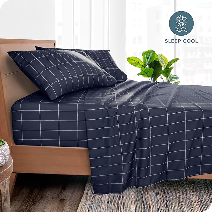 Bare Home Split King Sheet Set - 1800 Ultra-Soft Microfiber Double Brushed - Deep Pockets - Easy Fit - 5 Piece Set - Bed & Pillowcases (Split King, Grid - Midnight/White)