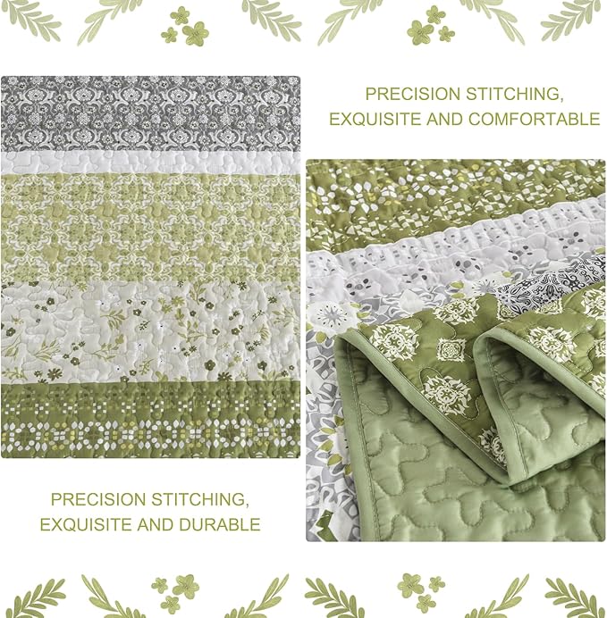 WONGS BEDDING Boho Quilt Set Full Size,Olive Green Bohemian Striped Patchwork Bedspread Coverlet Set,3 Pieces Microfiber Bedding Set for All Seasons (78"x90")