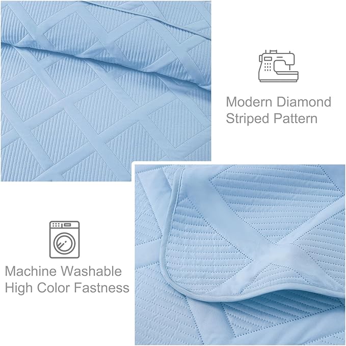 Exclusivo Mezcla Full Queen Size Quilt Set with Modern Striped Pattern, 3 Pieces Lightweight Sky Blue Quilts Bedding Set, Soft Bedspreads Coverlets for All Seasons