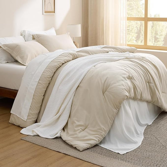 Bedsure Twin Comforter Set - 5 Pieces Beige Twin Bedding Set for All Seasons, Boho Contrasting Design Bed in a Bag with Comforter, Sheets, Pillowcase & Sham