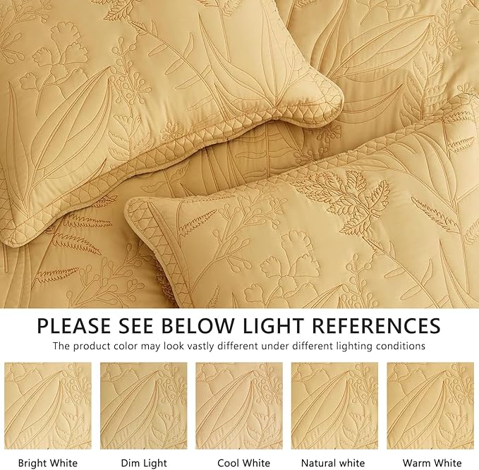 Botanical Bedspread Full Size - Leaves Pattern Stitching Quilt Set - Elegant & Fresh Style Bedding Coverlets, Reversible, Lightweight, 5 Piece, Honey Gold