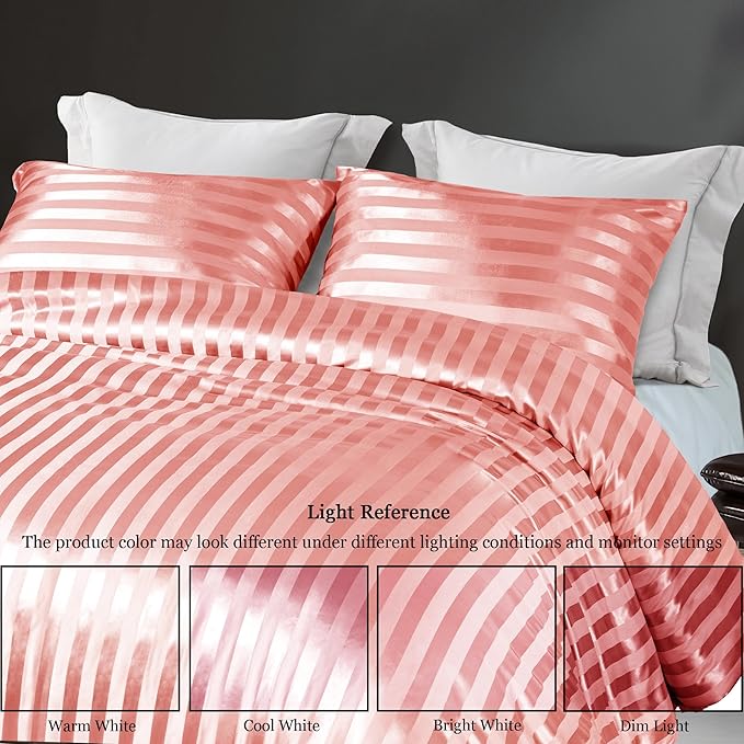 Whale Flotilla 2-Piece Reversible Silky Soft Twin Size Comforter Set, Luxury Stripe Satin Comforter Bedding Set with Satin Pillowcase, Lightweight Duvet for All Seasons, Pink