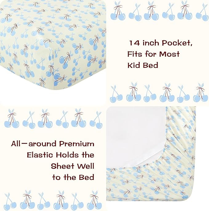 Kids Sheet Set Twin Size, Twin Sheet Set with Blue Cherry Pattern，Breathable Silky Soft Microfiber Kids Fitted Sheet