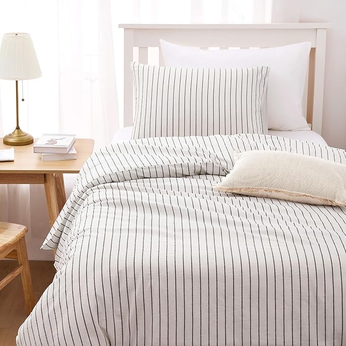 Wake In Cloud - Striped Cotton Duvet Cover Set, Ticking Stripe Vertical Pinstripe Farmhouse, 100% Washed Cotton Textured Percale Bedding Set, 3 Pieces, White, Twin Size