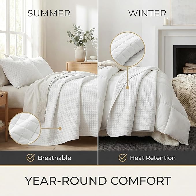 Southshore Fine Living, Inc. White Queen Quilt Bedding Set, Dual Fit Luxury Bedding Quilts, Queen Size Bedspread Coverlet, Full Size Quilted Comforter Bed Spread w/Pillow Shams, White Quilts