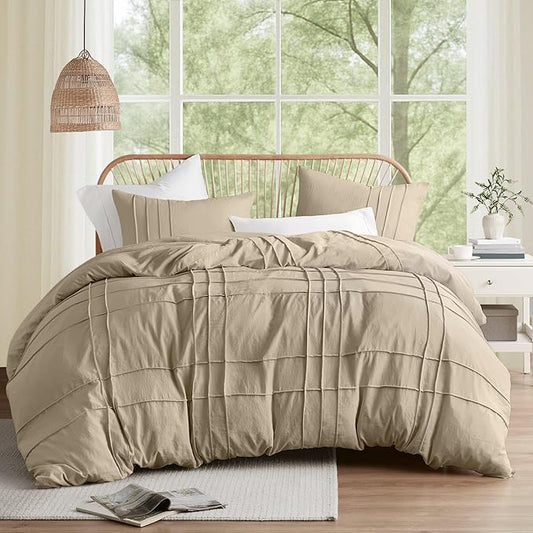 Comfort Spaces Khaki Full Size Duvet Cover Set - 3-pc Pintuck Pleated Duvet Cover, All Season Lightweight, Extra Softness Pre-Washed Microfiber Full Bed Cover Shams, Full