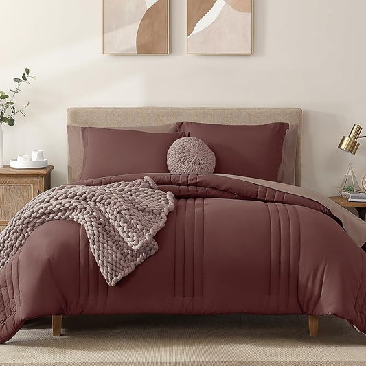 Monbix Full Comforter Set - 7 Pieces Dark Red Bed in a Bag Full Size Bedding Sets with Comforters, All Seasons Comforter with Sheets, Pillowcases & Shams