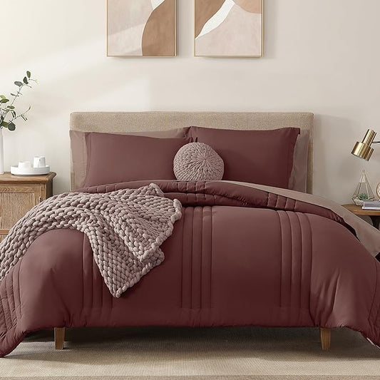 Monbix Queen Comforter Set - 7 Pieces Dark Red Bed in a Bag Queen Bedding Sets with Comforters, All Seasons Comforter Bed Set with Sheets, Pillowcases & Shams