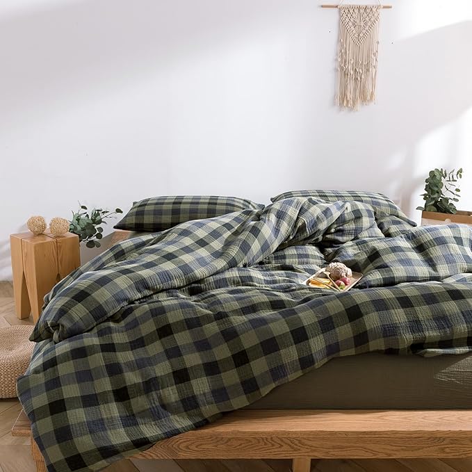 VM VOUGEMARKET Green Navy Plaid Duvet Cover King Muslin Cotton Bedding Set Soft Breathable Linen Like 3-Layer Gauze Comforter Cover with Zipper Closure for Adults-3 Pieces,104"x90"