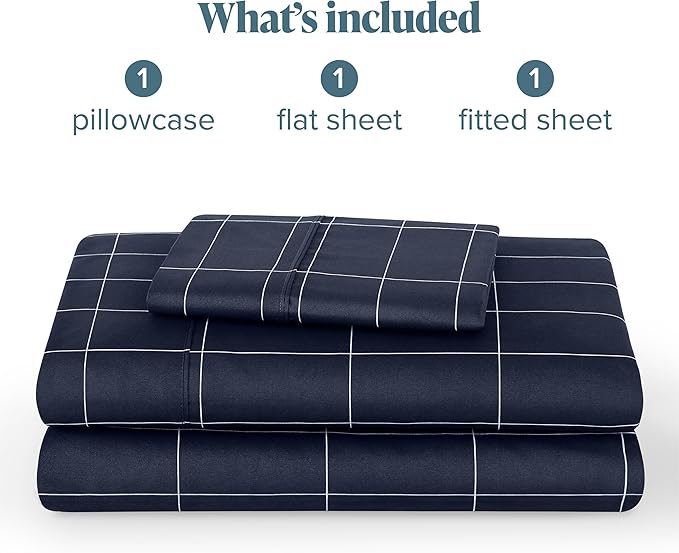 Bare Home Twin XL Sheet Set - College Dorm Size - 1800 Ultra-Soft Microfiber Bed Sheets - Deep Pockets - Easy Fit - 3 Piece Set (Twin XL, Grid - Midnight/White)