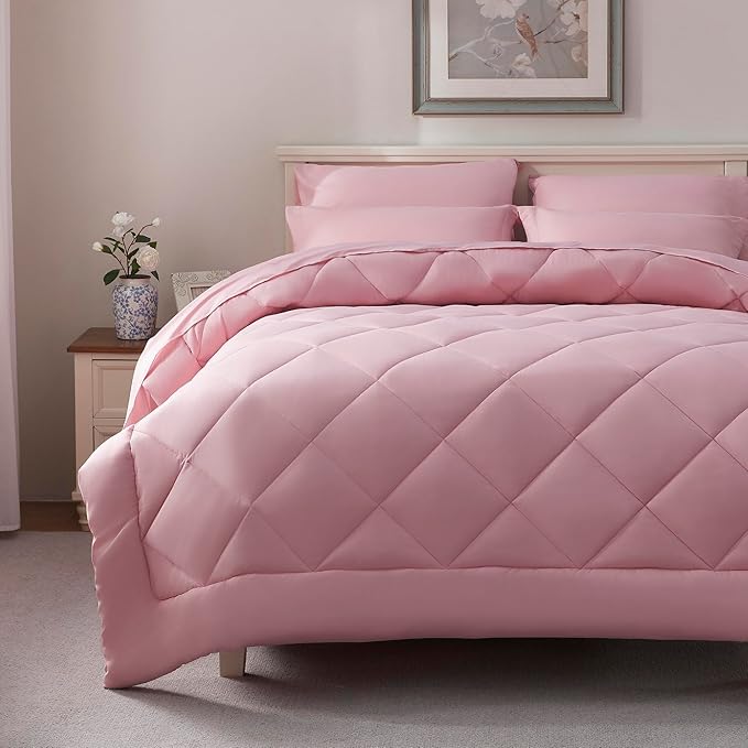 ELNIDO QUEEN® Full Size Comforter Set - 7 Pieces Bed in a Bag Full, Bed Set for All Seasons, Ultra Soft Blush Pink Bedding Sets with Comforter, Flat Sheet, Fitted Sheet, Pillowcases and Pillow Shams