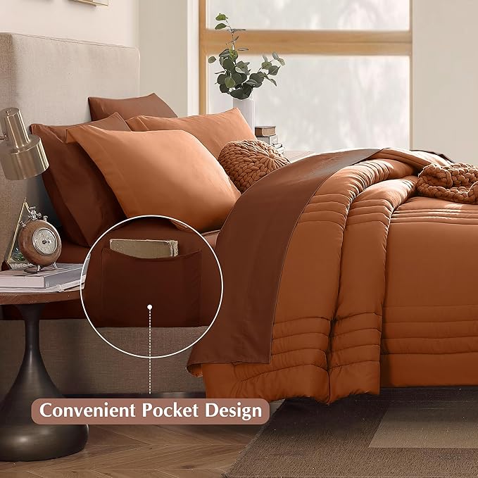 Monbix Oversized King Size Comforter Set - 7 Pieces Burnt Orange Bed in a Bag Oversized King Bedding Sets with Comforters, All Seasons Comforter Bed Set with Sheets, Pillowcases & Shams
