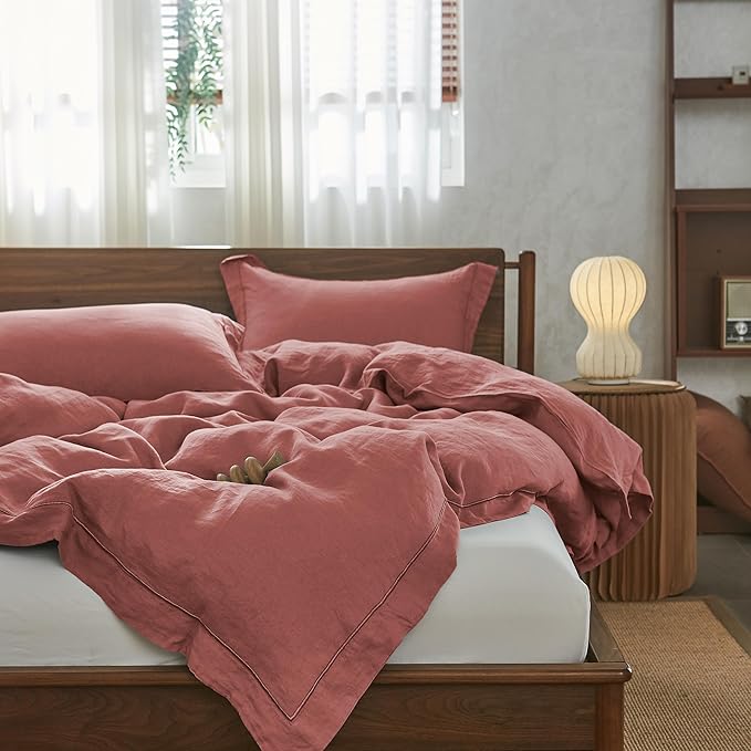 Simple&Opulence 100% Linen Duvet Cover Set with Embroidery Washed - 3 Pieces (1 Duvet Cover with 2 Pillow Shams) with Button Closure Soft Breathable Farmhouse - Coral Red, Queen Size