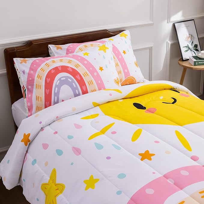 Btargot Lightweight Soft 3 Piece Rainbow Comforter Set with 2 Pillow Covers, Cartoon Love Hearts Flowers and Sun Star Bedding Set for Girls Boys Kids, Twin Pink
