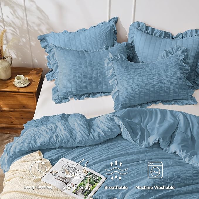 JOLLYVOGUE Queen Comforter Set, 3 Pieces Sea Blue Seersucker Comforters Queen Size, Lightweight & Fluffy Bedding Sets for All Season with 1 Ruffle Comforter and 2 Ruffle Pillowshams