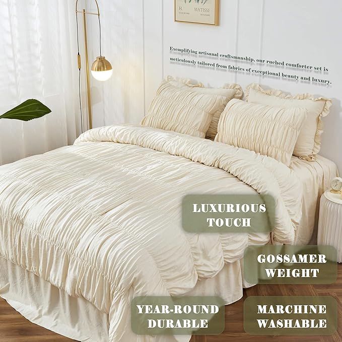 Bonlino Queen Comforter Set - Ruched Comforter Queen Size Bed Set Boho Shabby Chic Bedding for Bedroom Comforter Fluffy 3 Piece Ruffle Comforter Set with Pillow White Bedding Soft