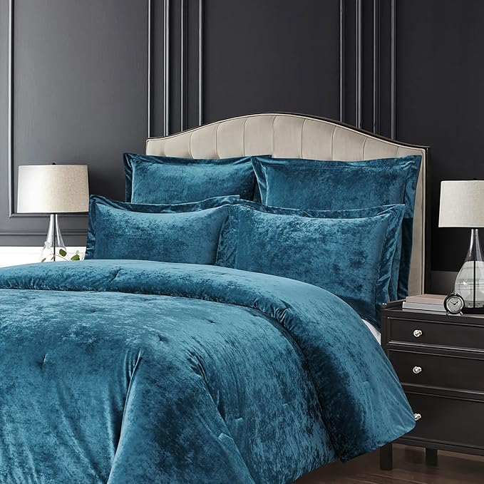Sunshine Nicole Distressed Velvet Comforter Set, Distressed Velvet Face and Brushed Solid Microfiber Reverse, with Light Weight Soft Poly Fill, 5 Pieces Teal, Queen