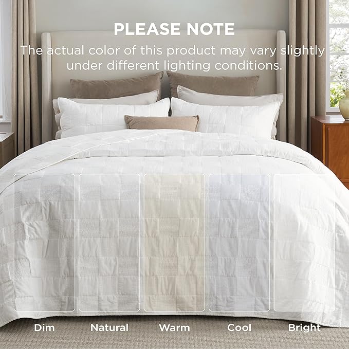 Bedsure 100% Cotton Quilt Set - Lightweight Queen Bedspread, Cozy White Bedding Coverlet 3-Piece with Pillow Shams in Checker Pattern for All Season, 90x96 inches, 100% Cotton Voile