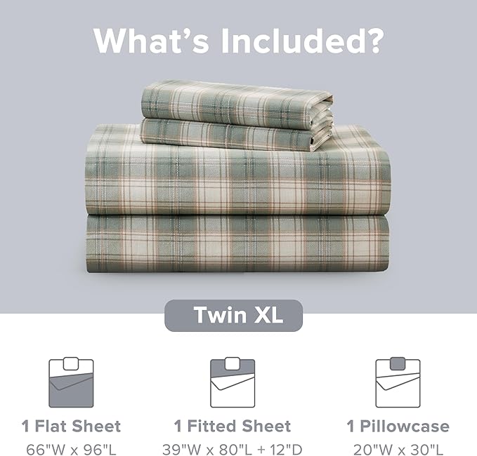 Comfort Spaces 100% Cotton Sheets Twin XL, Breathable, Naturally Cool Cotton Sheets, Soft Cotton Bed Sheets with 12" Elastic Pocket Fits up to 14" Mattress, All Seasons Sheet Set, Wesley Green 3 Piece