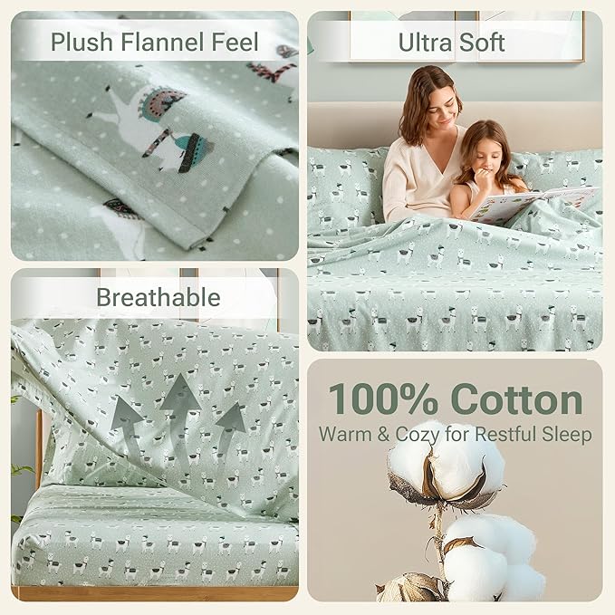 True North by Sleep Philosophy Cozy Flannel Warm 100% Cotton Sheet - Novelty Print Animals Stars Cute Ultra Soft Cold Weather Bedding Set, Full, Seafoam Llama 4 Piece