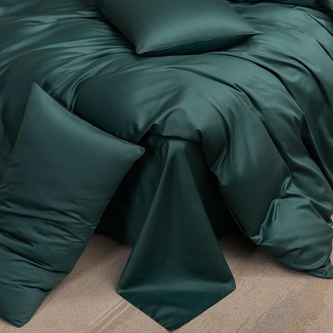 MooMee Duvet Cover Set 100% Extra Long Staple Cotton 600 Thread Count Silky Sateen Smooth Luxury Soft Breathable Durable Hotel Quality Bedding, 3 Pieces (Forest Green, Oversized Queen 98"x98")