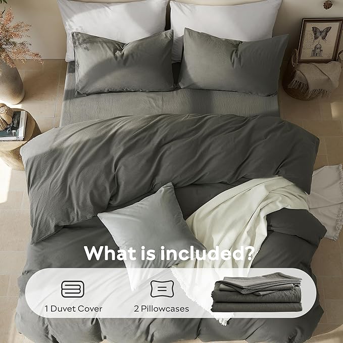 JELLYMONI Duvet Cover Queen Size - Washed Cotton Comforter Cover with Linen-Like Texture,Breathable & Soft Bedding for Modern Home,Guest Room and Everyday Use,Dark Grey 1 Duvet Cover & 2 Pillowcases