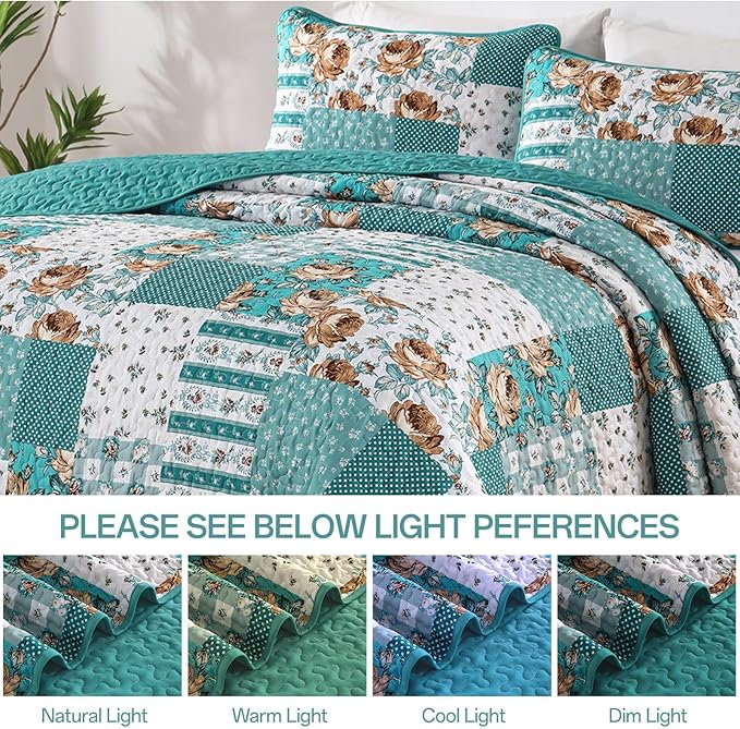 Anibedding Teal Quilt Set Queen Size Patchwork Floral Bedspread Coverlet, Soft Microfiber Farmhouse Boho Quilted Bedding Set, Teal Plaid Rustic Bed Cover for All Season 96''x90''