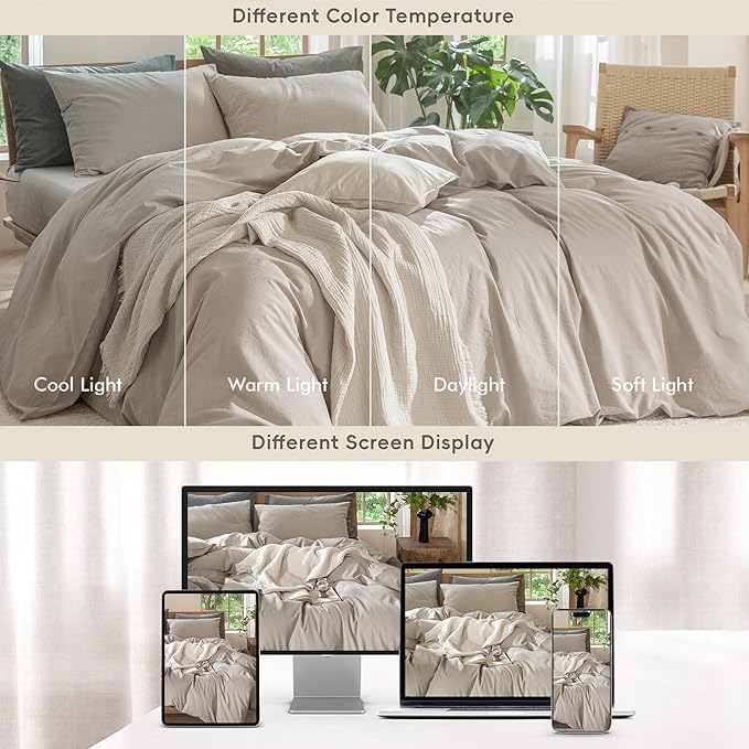MooMee Bedding Duvet Cover Set 100% Washed Cotton Linen Like Textured Breathable Durable Soft Comfy (Solid Light Tan, Oversized King Plus 128"x120")