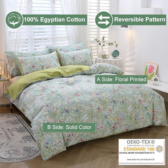 URBONUR 100% Cotton Duvet Cover Set Twin Size 3 Piece Green Floral Butterfly Printed Bedding Set, Soft and Breathable Comforter Cover Sets, Twin Size