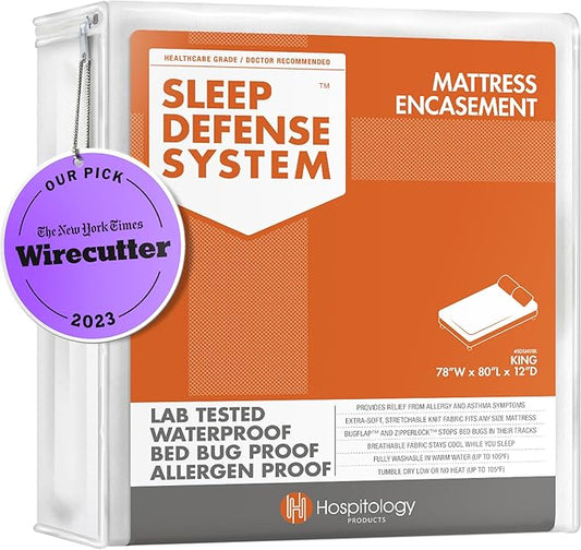 HOSPITOLOGY PRODUCTS Mattress Encasement - Zippered Bed Bug Dust Mite Proof Hypoallergenic - Sleep Defense System - King - Waterproof - Stretchable - Standard 12" Depth - 78" W x 80" L