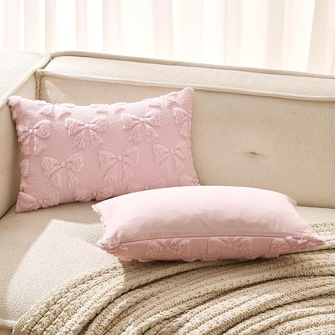 MIULEE Light Pink Bow Pillow Covers Coquette Room Decor Aesthetic Set of 2 Decorative Cute Girl Vlentine Pillow Covers Spring Soft Plush Faux Pillowcase for Preppy Room Decor Bedroom Couch,12x20 Inch