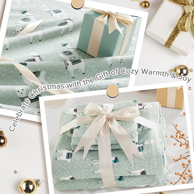 True North by Sleep Philosophy Cozy Flannel Warm 100% Cotton Sheet - Novelty Print Animals Stars Cute Ultra Soft Cold Weather Bedding Set, Twin, Seafoam Llama 3 Piece