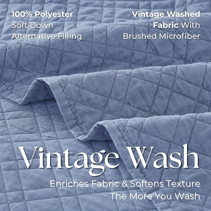 DOWN HOME Twin Quilt Set with Sham Lightweight Quilted Bedspread Coverlet Thin Comforter Bed Cover Vintage Washed Quilted Blanket for All Season, Brushed Microfiber Diamond Stitching, Blue, 66"x92"