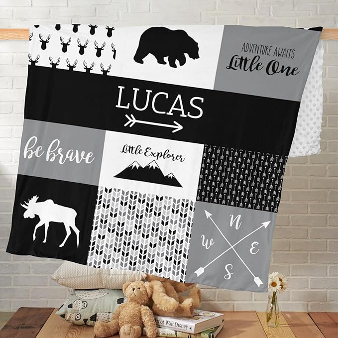 Customzed Baby Blanket for Boys Super Soft Double Layer with Dotted Backing, Receiving Blanket with Cute Woodland Multicolor Printed Blanket Black 40 x 50 Inch
