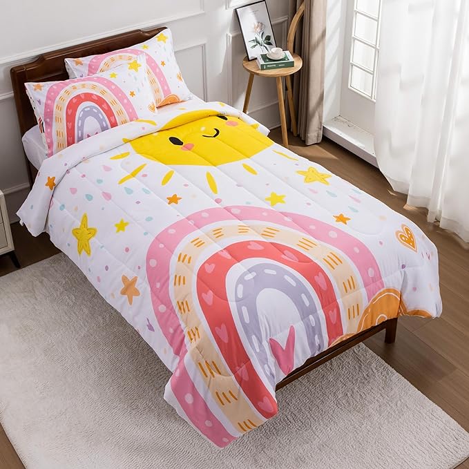 Btargot Lightweight Soft 3 Piece Rainbow Comforter Set with 2 Pillow Covers, Cartoon Love Hearts Flowers and Sun Star Bedding Set for Girls Boys Kids, Twin Pink