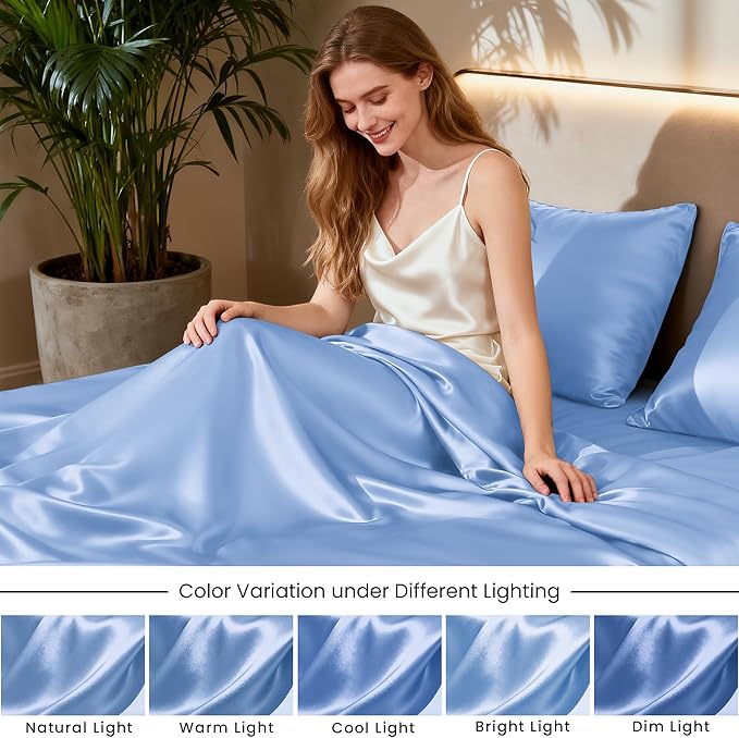Love's cabin Satin King Sheet Sets - 4 Piece Sky Blue Silky Sheets King Size Bed with Deep Pocket, Luxury Silk Feel King Size Satin Sheet Set (1 Flat Sheet,1 Fitted Sheet,2 Pillow Cases)