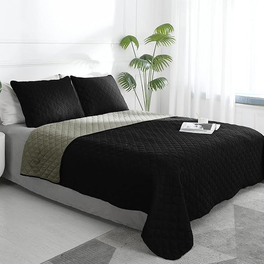 Easy-Going Full/Queen Size Reversible Quilt Set with 1 Quilt and 2 Pillow Shams, Soft Bed Quilt Cover, Water Resistant Lightweight Microfiber Bedspread, Stain Resistant, Black/Beige