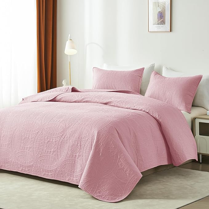 akkialla King/Cal King Quilt Set,Pink Lightweight Bedspread with Coin Pattern, Soft Microfiber Coverlet for All Seasons, Breathable and Skin-Friendly Fabric (1 Quilt, 2 Pillow Shams)