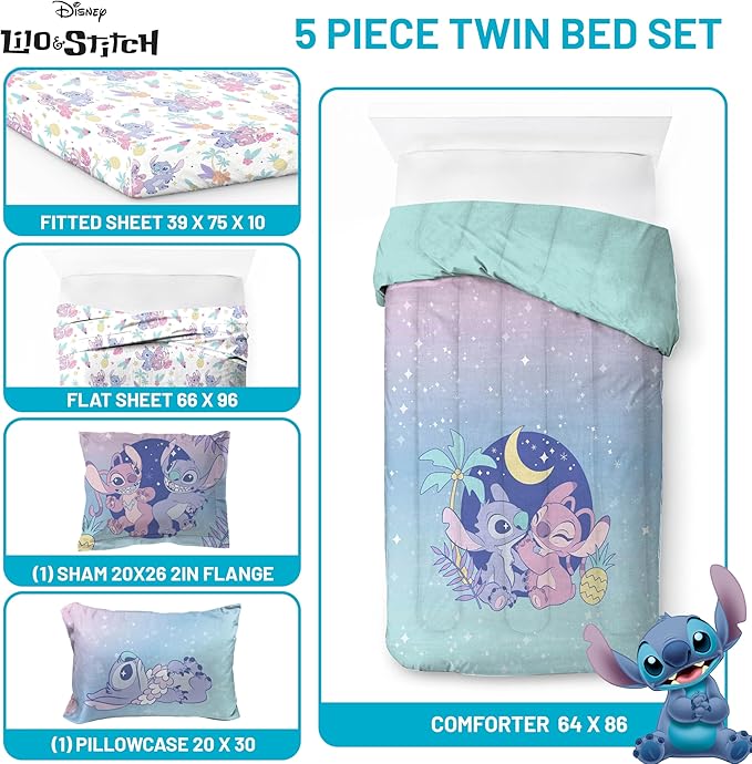 Jay Franco Disney Lilo and Stitch Twin Size Comforter Set - 5 Piece Floral Bedding Includes Sheet Set & Pillow Covers Features Angel - Super Soft Purple & Teal Stars Kids Bedding